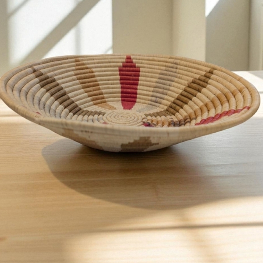 VINTAGE Handwoven Ghana Basket Tray Round African Woven Bowl Red Tan Blue 14"